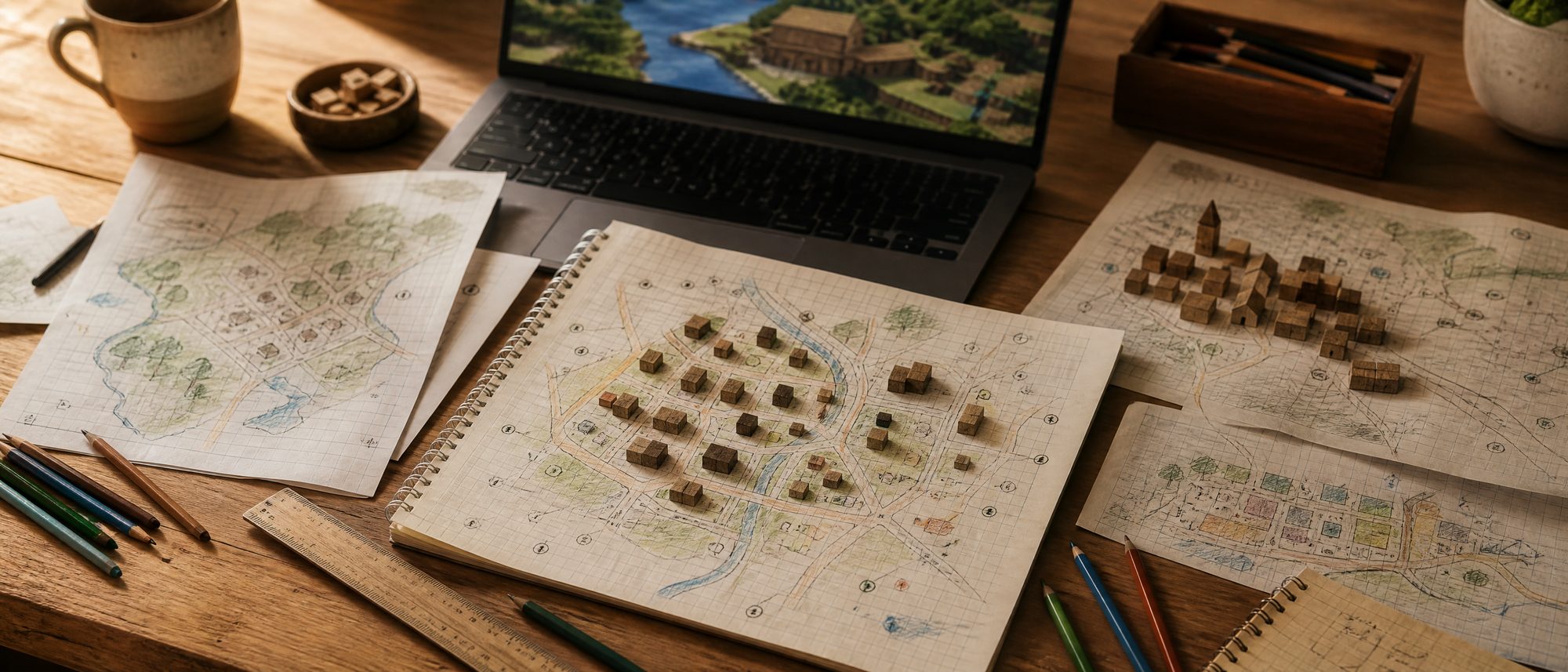 Overhead view of a desk covered with hand-drawn maps of an imaginary settlement, coloured pencils and small wooden blocks beside a laptop