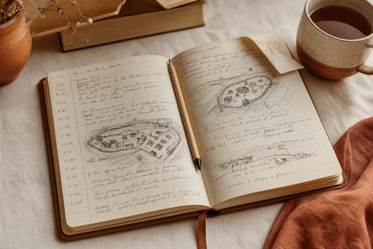 An open lined notebook with handwritten session notes, timestamps down the left margin and small sketched settlement diagrams