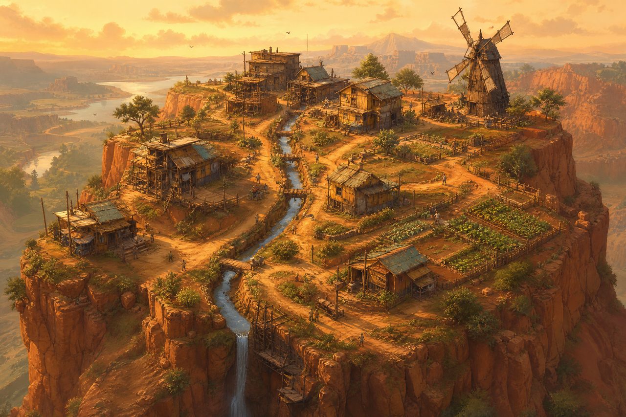 A hand-built settlement on a terracotta plateau at golden hour with winding paths and terraced plots