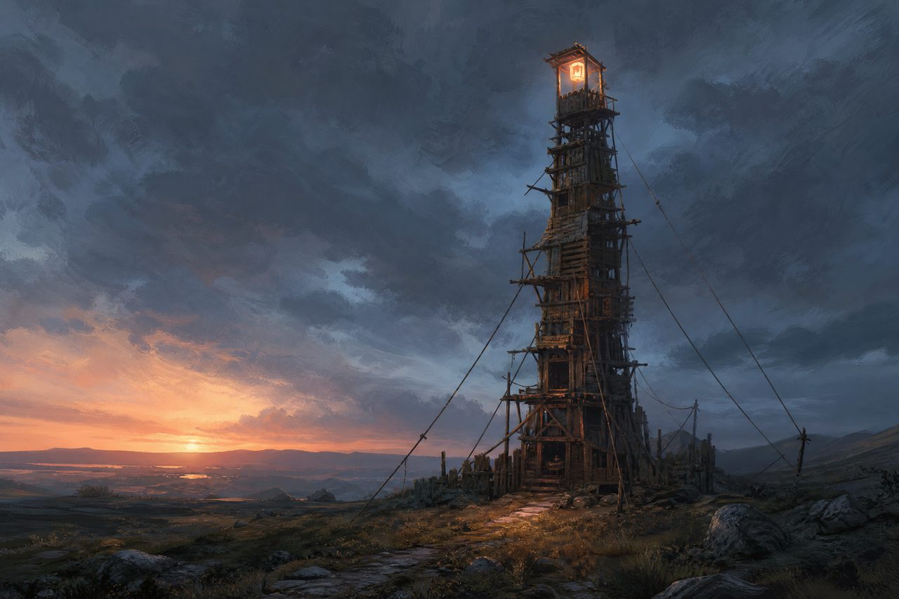 An impractically tall timber tower on a windswept moor at dusk with guy-ropes and a lantern at the top