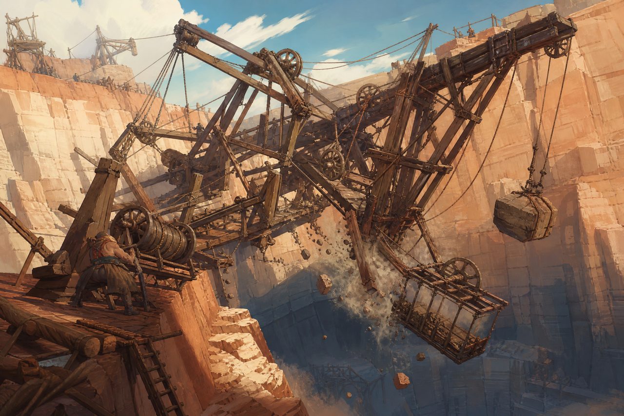An elaborate contraption of wooden beams, ropes and pulleys built across a quarry gap, half-collapsed mid-operation with dust rising