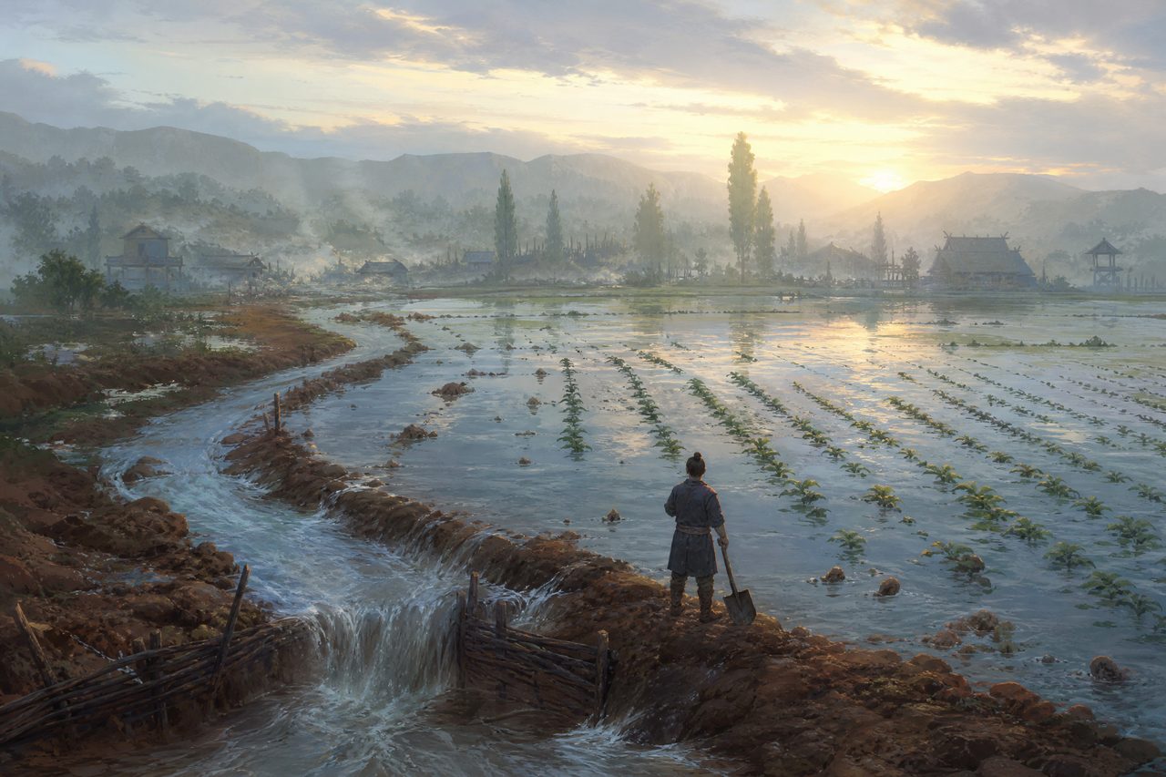 A flooded field at dawn where a hand-dug irrigation channel has broken its bank, water spreading across neat crop rows with a small figure standing at the edge