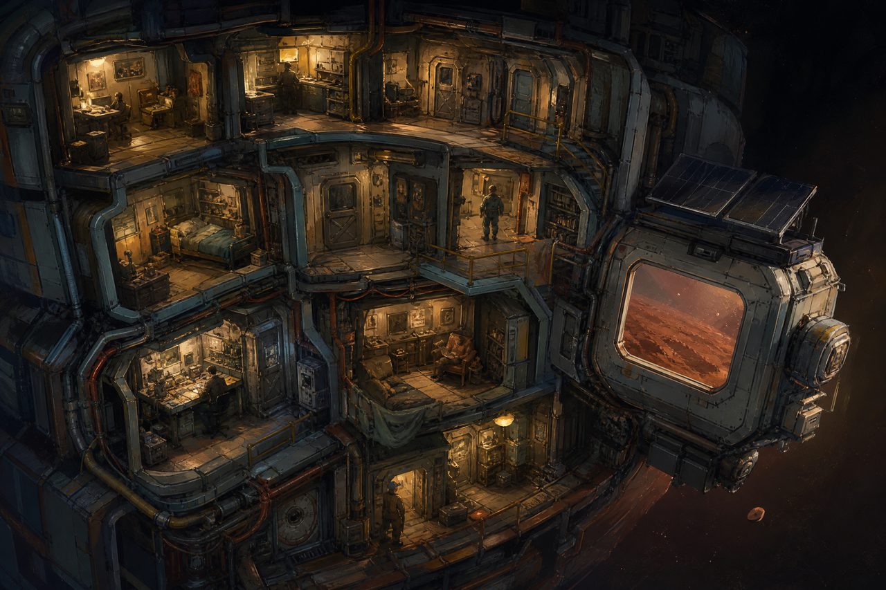 A cramped modular space station interior built outward in an untidy spiral with pipes rerouted by hand and one module bolted on as an afterthought