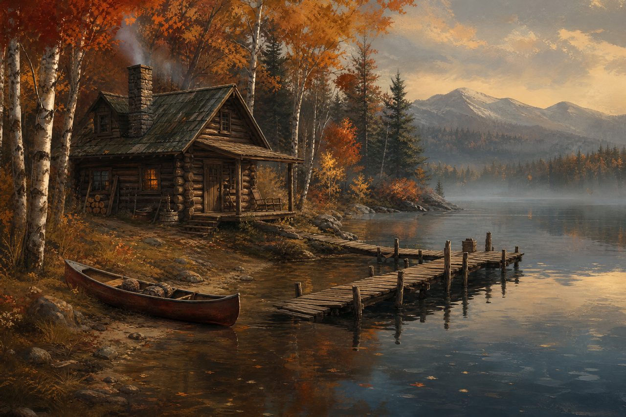 A hand-built log cabin at the edge of an autumn birch forest, a crooked jetty extending into a still lake, smoke rising from a chimney and a canoe pulled onto the shore